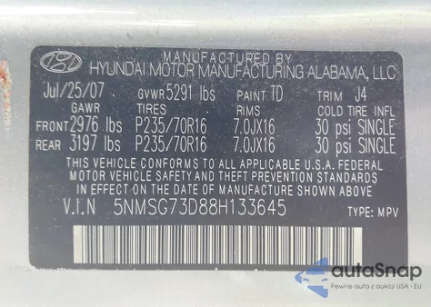 2008 Hyundai Santa Fe Gls from USA, damaged, VIN 5NMSG73D88H133645